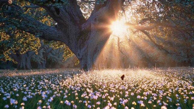 Sun shines behind thick tree. Tree shadow falls on glow. Forest full of light and tree. Nature fills with glowing leaf. Tree, light, sun, glow, magic, forest, ray, leaf, nature, wood used twice