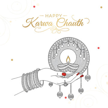 Minimalist Karwa Chauth Line Art: Woman's Hand Holding Sieve (Chalni) for Moon Ritual | Indian Festival Outline Vector