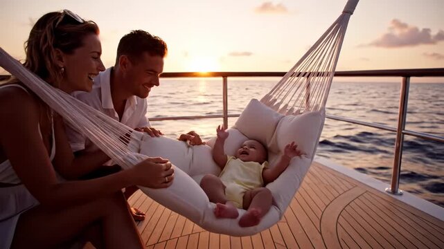 Baby giggling luxury yacht hammock parents nearby cinematic ocean sunset lifestyle. infant chuckle opulent vessel sling guardian adjacent filmic sea twilight existence.