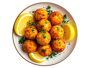 Crispy, golden-brown balls, arranged on a plate with lemon slices and thyme sprigs