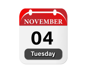 A calendar displaying the date november fourth on a tuesday with a red and white color scheme