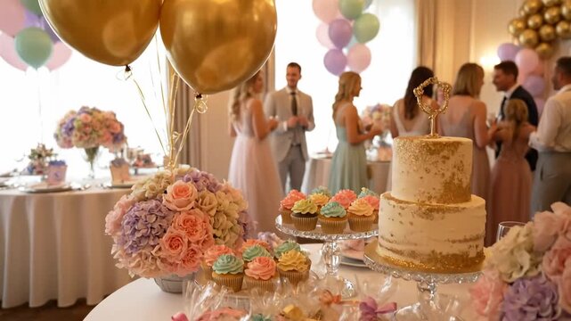 Baby shower party decorated luxury golden balloons pastel details cinematic atmosphere. infant celebration opulent auric orb ornamentation muted hue accent filmic vibe.