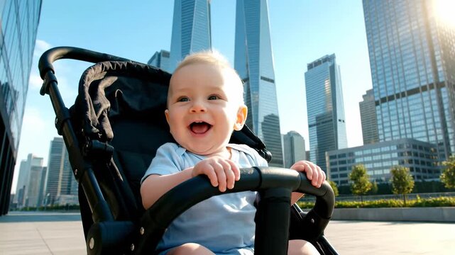 Baby smiling inside designer stroller city street cinematic skyscraper skyline background. infant glee posh buggy urban avenue dramatic tower vista backdrop.