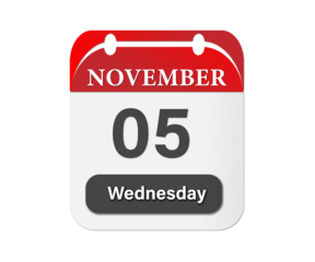 A calendar showing november fifth on wednesday with a red top and white background on a black backdrop