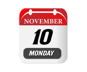 A calendar showing the date november tenth with the day of the week being monday on black background