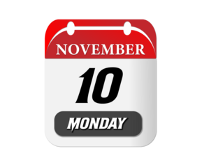 A calendar showing the date november tenth with the day of the week being monday on black background