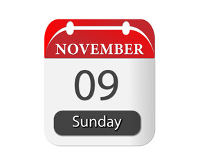 A calendar showing the date november ninth on a sunday with a red and white color scheme design style