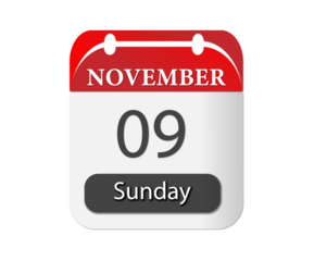A calendar showing the date november ninth on a sunday with a red and white color scheme design style