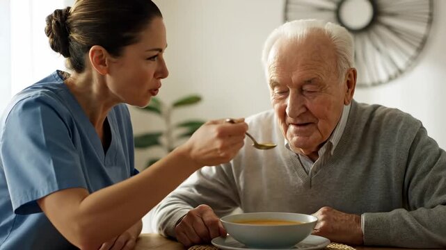 Caregiver helping elderly eat soup dining table cinematic handheld caregiving lifestyle stock video. attendant aiding senior consume broth meal domestic table filmic portable aid