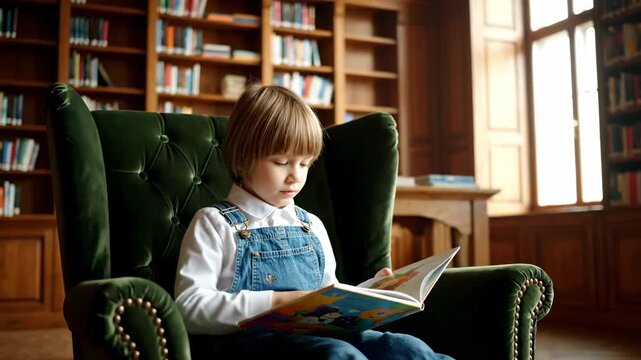 Child reading book premium library wooden shelves cinematic educational lifestyle. youngster perusing volume deluxe bookcase timber rack filmic scholastic existence.