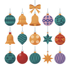 Collection of festive christmas ornaments and decorations including bells stars and baubles isolated on white background isolated on transparent background