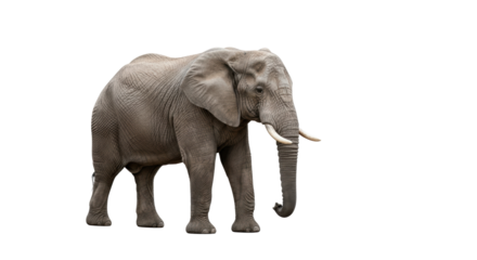 Adult african elephant, gray wrinkled hide, large ears, short tusks, walking gracefully left to right on transparent studio background with soft shadows, copy space. Majestic wildlife concept