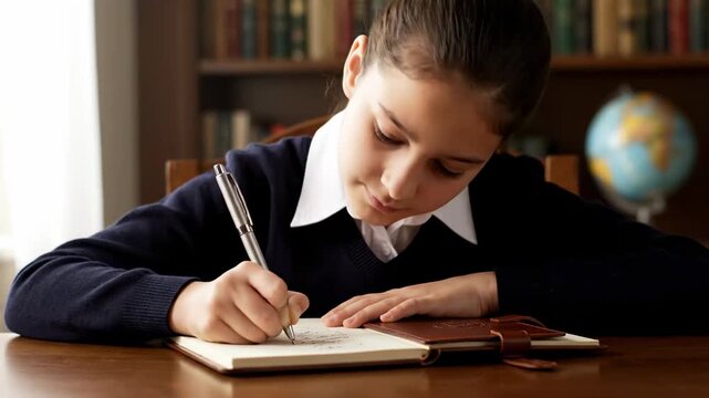 Child writing essay premium leather bound notebook cinematic educational back school vibe. pupil composing composition deluxe hide journal filmic scholastic academy aura.