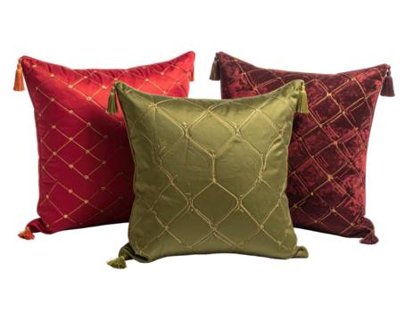 Three decorative square pillows in red, burgundy, and olive-green. 