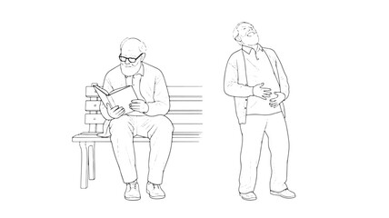 Two senior men park bench relaxing reading book sketch Vector illustra