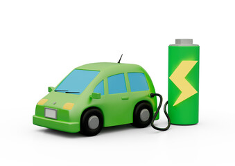 Stylized electric car in charge isolated on transparent background green energy concept 3D computer generated image