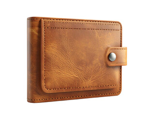 Tan leather bi-fold wallet, angled view, showing texture and snap closure