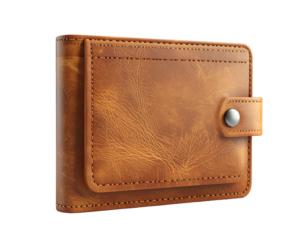 Tan leather bi-fold wallet, angled view, showing texture and snap closure