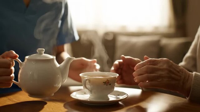 Close up caregiver pouring tea elderly patient table cinematic handheld caregiving lifestyle stock video. loving aide serving beverage aged person desk filmic portable tending