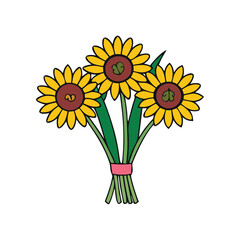 A cheerful bouquet of three bright yellow sunflowers tied with a pink ribbon vector Illustration
