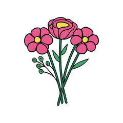 A Simple Cartoon Bouquet of Pink and Yellow Flowers on a vector Illustration White Background