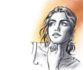 black and white of woman portrait on colors digital art for card decoration illustration