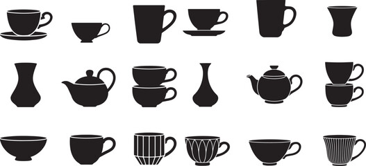 Black silhouettes of teacups mugs vases and pots vector