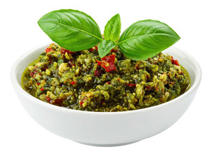 Green pesto in a small white bowl, topped with fresh basil leaves