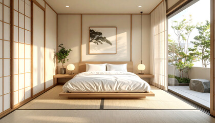 Serene Japanese-inspired bedroom design with natural light and minimalist aesthetic