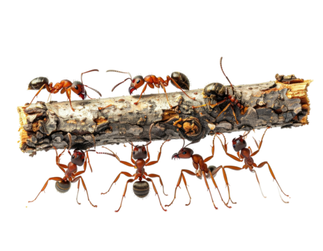 Red ants carrying a twig