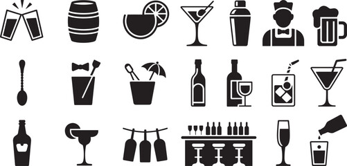 Collection of beverage and bar related icons drink alcohol