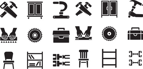 Collection of black and white icons depicting tools furniture and objects hammer cabinet