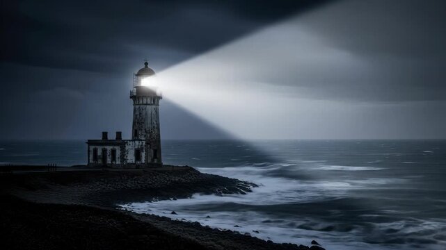 Lighthouse at night shining light beam over stormy sea. Coastal landscape with stormy weather, seascape, dark sky, waves, beacon and coastline.