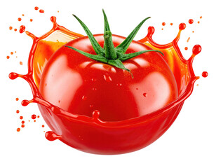 Ripe tomato submerged in a vibrant juice splash