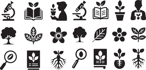 Collection of botanical and scientific icons microscope book
