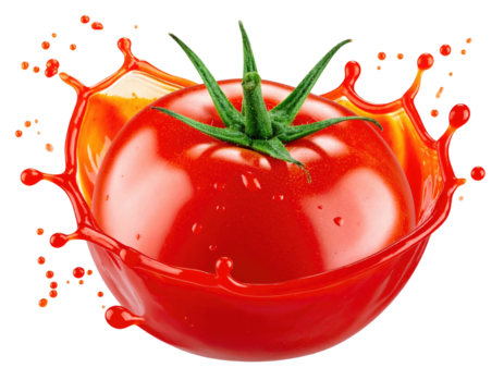Ripe tomato submerged in a vibrant juice splash