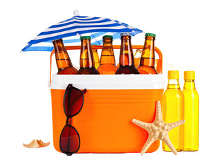 Orange cooler filled with beer bottles, under a striped beach umbrella, with sunglasses, seashells, and starfish