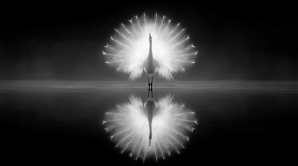 Peacock display reflection black and white