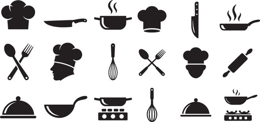 Collection of cooking utensils and chef hats knife