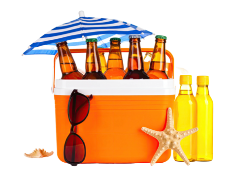 Orange cooler filled with beer bottles, under a striped beach umbrella, with sunglasses, seashells, and starfish