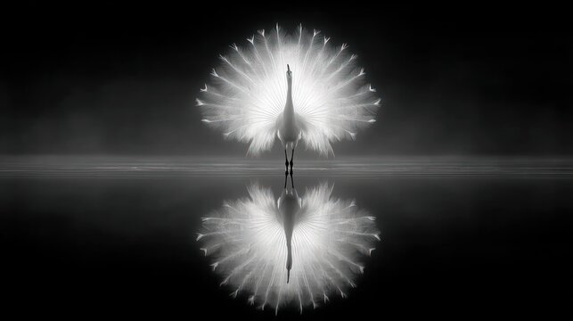 Peacock display reflection black and white