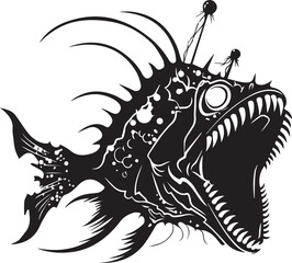 Obraz premium Deep Sea Anglerfish: A stark, high-contrast depiction of a predatory anglerfish, rendered in a bold black-and-white style.