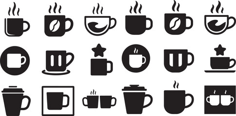 Collection of hot beverage cups with steam and coffee bean icons drink