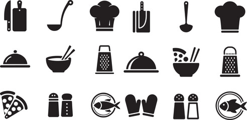 Collection of kitchen utensils and food icons cooking chef
