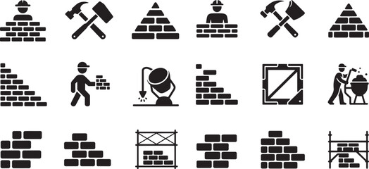 Construction worker building brick wall with tools and equipment vector