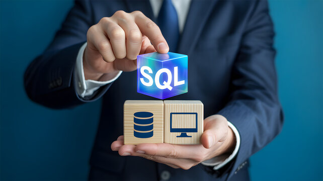 Businessman holding glowing SQL cube with database and computer icons symbolizing database management and programming