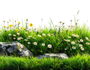 Lush meadow with wildflowers and rocks