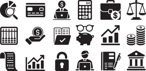 Financial icons depicting analysis growth security and transactions finance