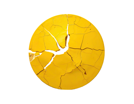 A circular, yellow object with extensive, radiating cracks