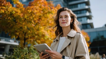 Young woman in a beige trench coat holding a digital tablet while standing outdoors in front of autumn trees and modern urban buildings